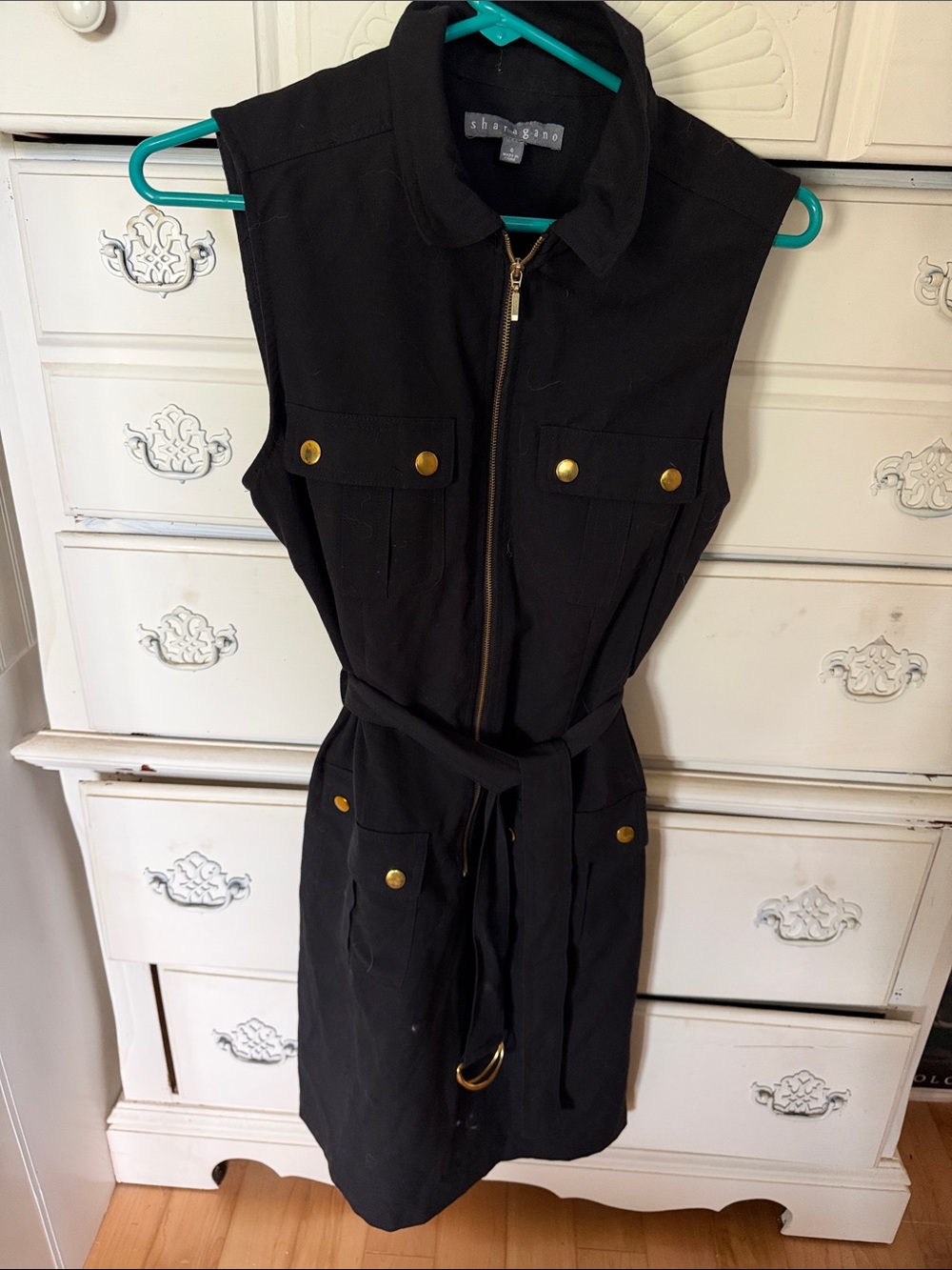 Sharagano Black Sleeveless Zip Front Utility Dress with Gold Hardware